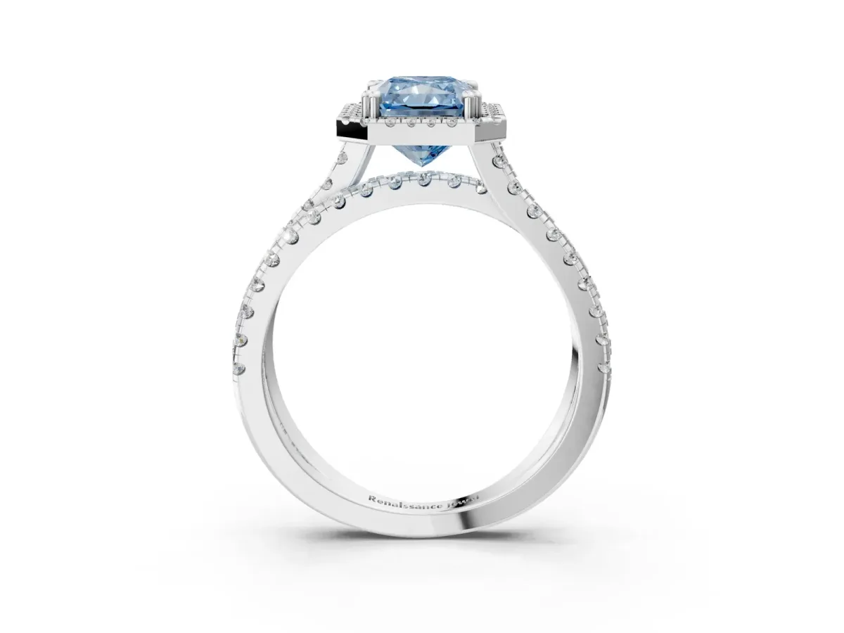 Fancy Blue Radiant Cut Halo Split Shank Diamond Ring with Pavé Setting Platinum