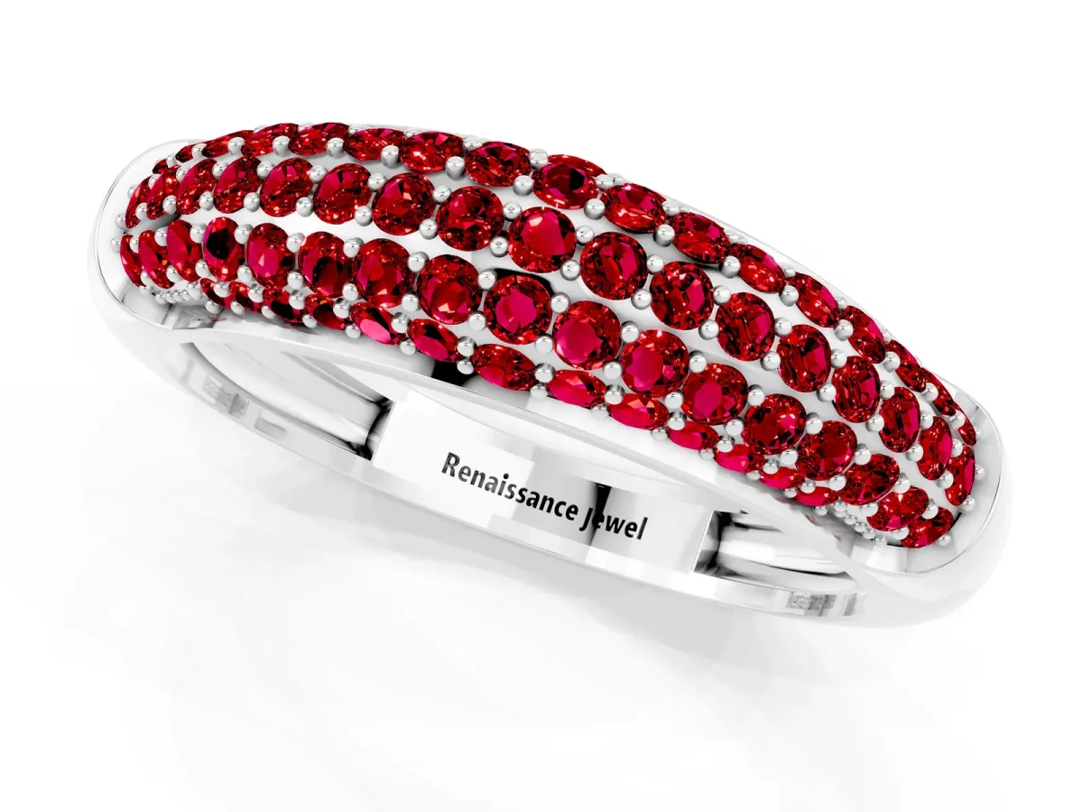 Three-Row Pavé Round Ruby Dome Band Silver