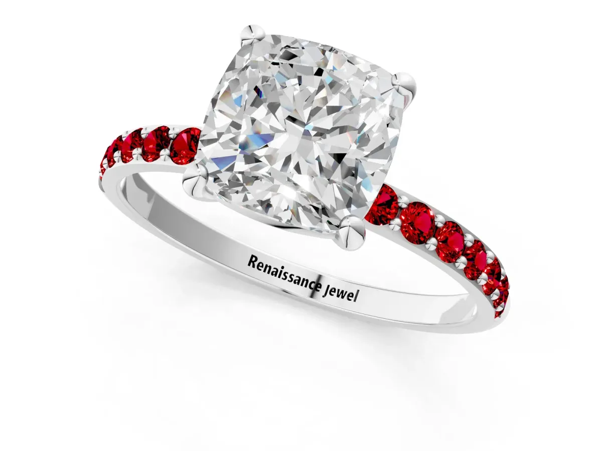Cushion Cut Diamond Solitaire Ring with Round Ruby Pavé Band and Prong Setting Platinum