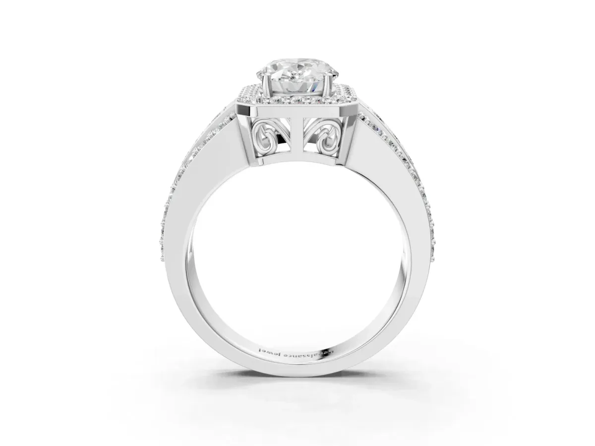 Oval Cut Halo Diamond Ring with Round Split Shank and Prong Setting Silver
