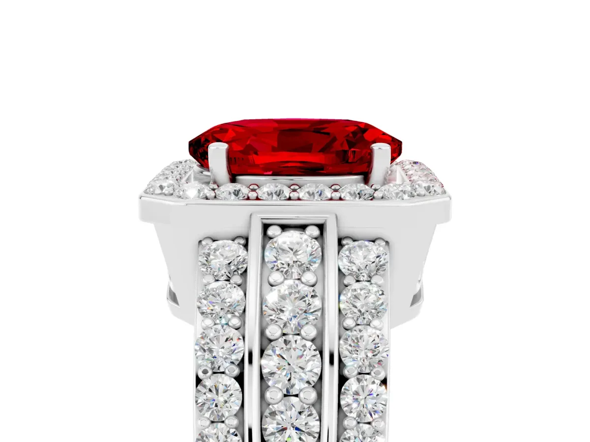 Oval Cut Halo Ruby Ring with Round Split Shank and Prong Setting Platinum