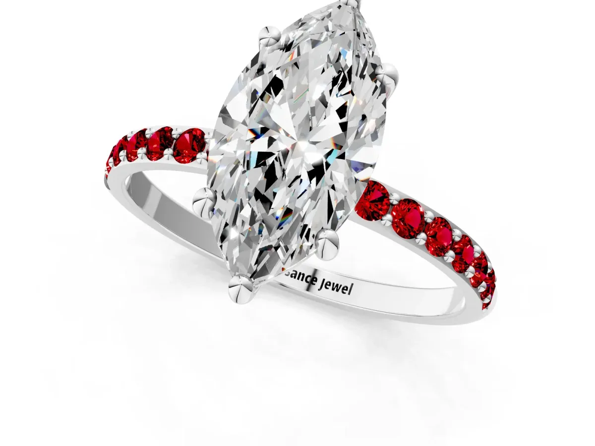 Marquise Cut Diamond Solitaire Ring with Round Ruby Pavé Band and Prong Setting Silver