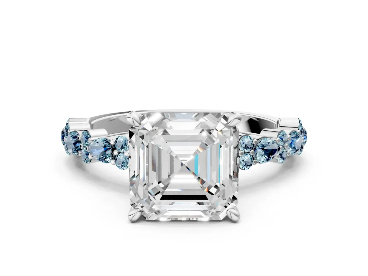 Asscher Cut Diamond Side Stone Solitaire Ring with Round Aquamarine and Four-Prong Setting Platinum