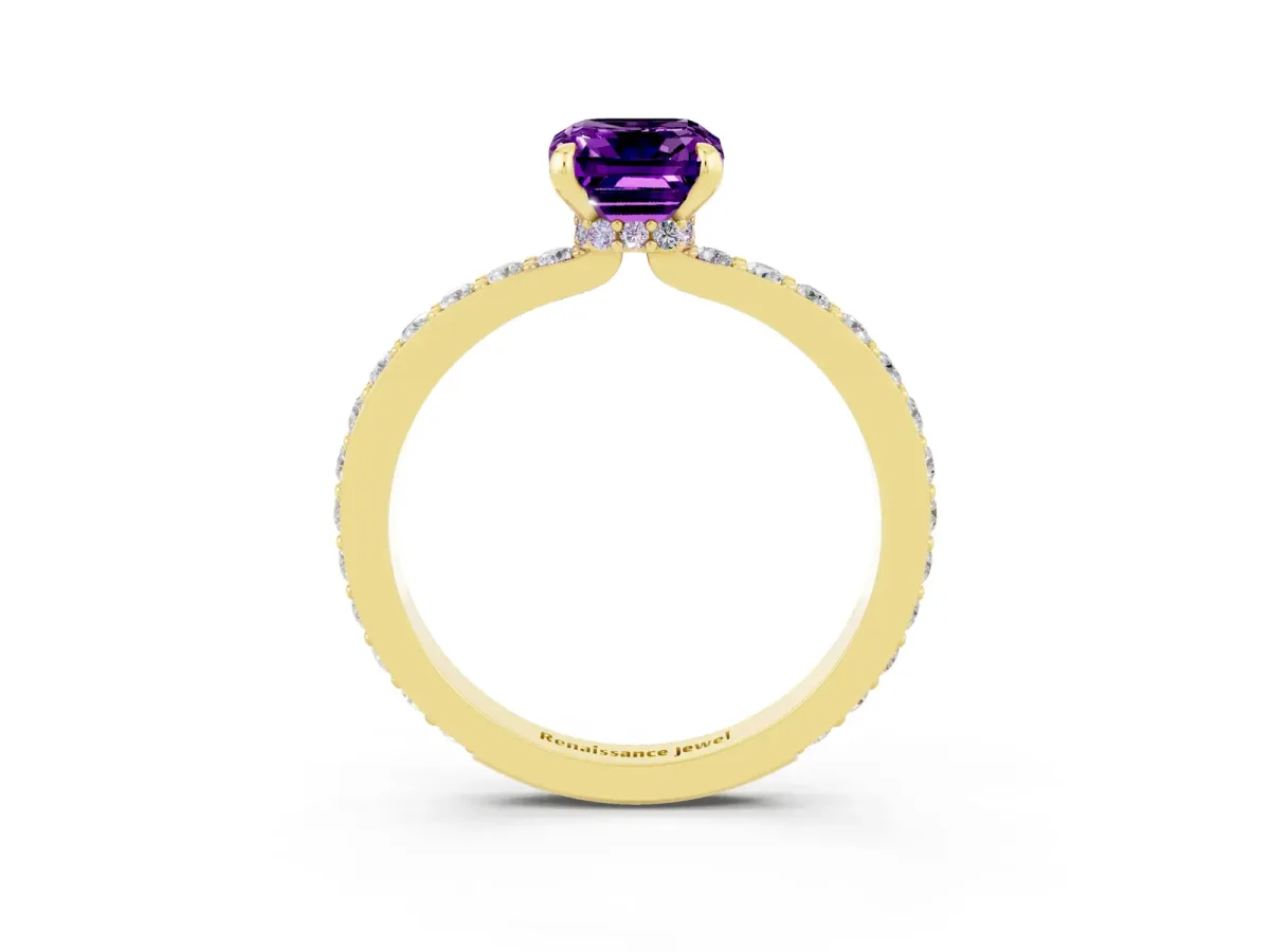 Emerald Cut Amethyst Solitaire Engagement Ring with Pavé Band and Four-Prong Setting Yellow gold