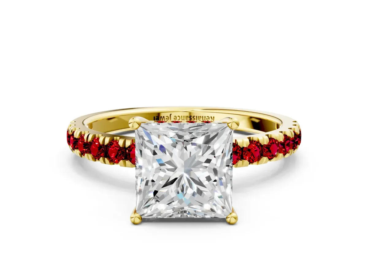 Princess Cut Diamond Pave Band Solitaire Ring with Round Ruby and Prong Setting Yellow gold