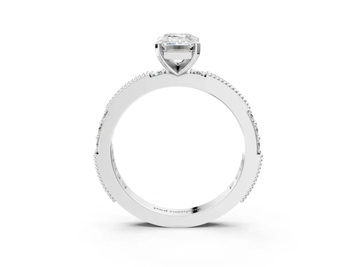 Emerald Cut Solitaire with Pavé Band and Four-Prong Setting Silver