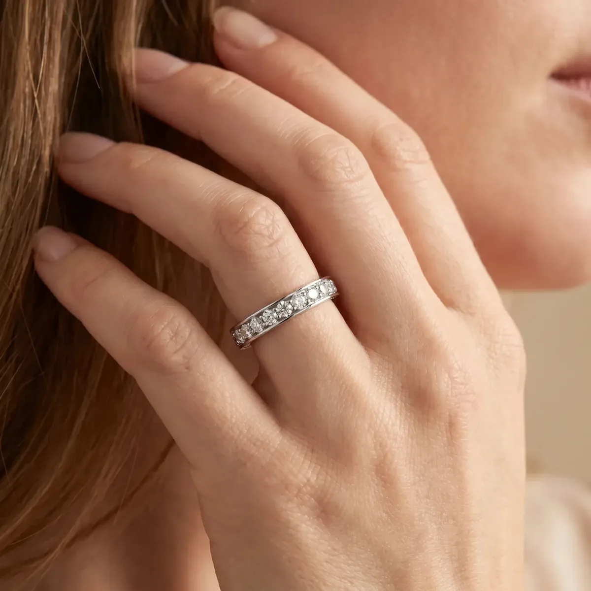 Round Cut Diamond Pavé Eternity Band with Channel Setting Silver