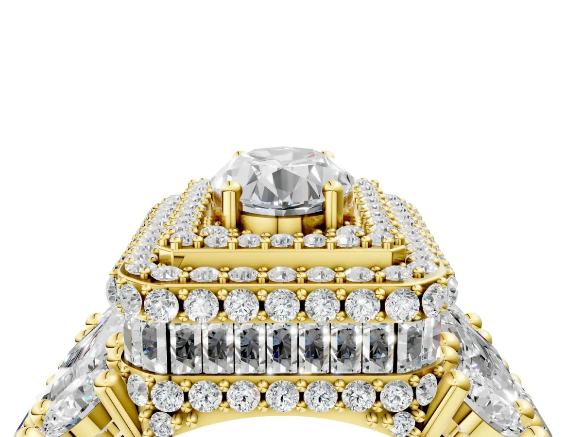 Oval Diamond Halo Mens Ring with Baguette Side Stones Yellow gold