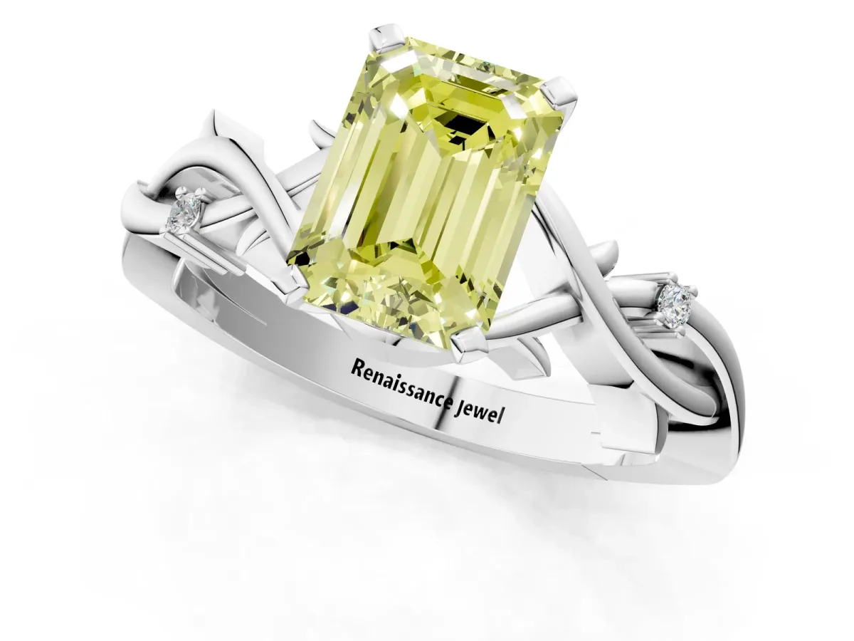 Fancy Yellow Emerald Cut Diamond Solitaire Ring with Twisted Band and Prong Setting Silver