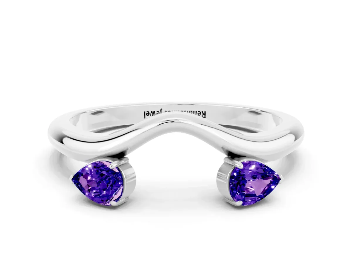 Pear Cut Tanzanite Two-Stone Open Band Ring with Prong Setting Silver