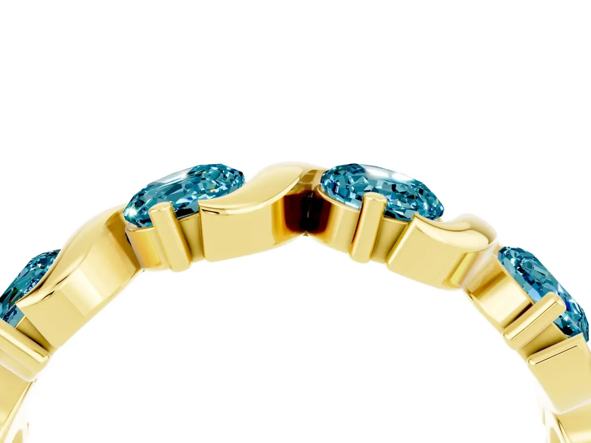 Six-Stone Round Blue Topaz Wave Band with Shared Prong Setting Yellow gold
