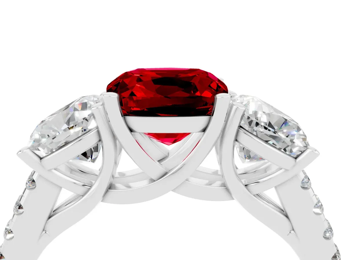 Three-Stone Cushion Cut Ruby Ring with Round Pavé Band and Prong Setting Platinum