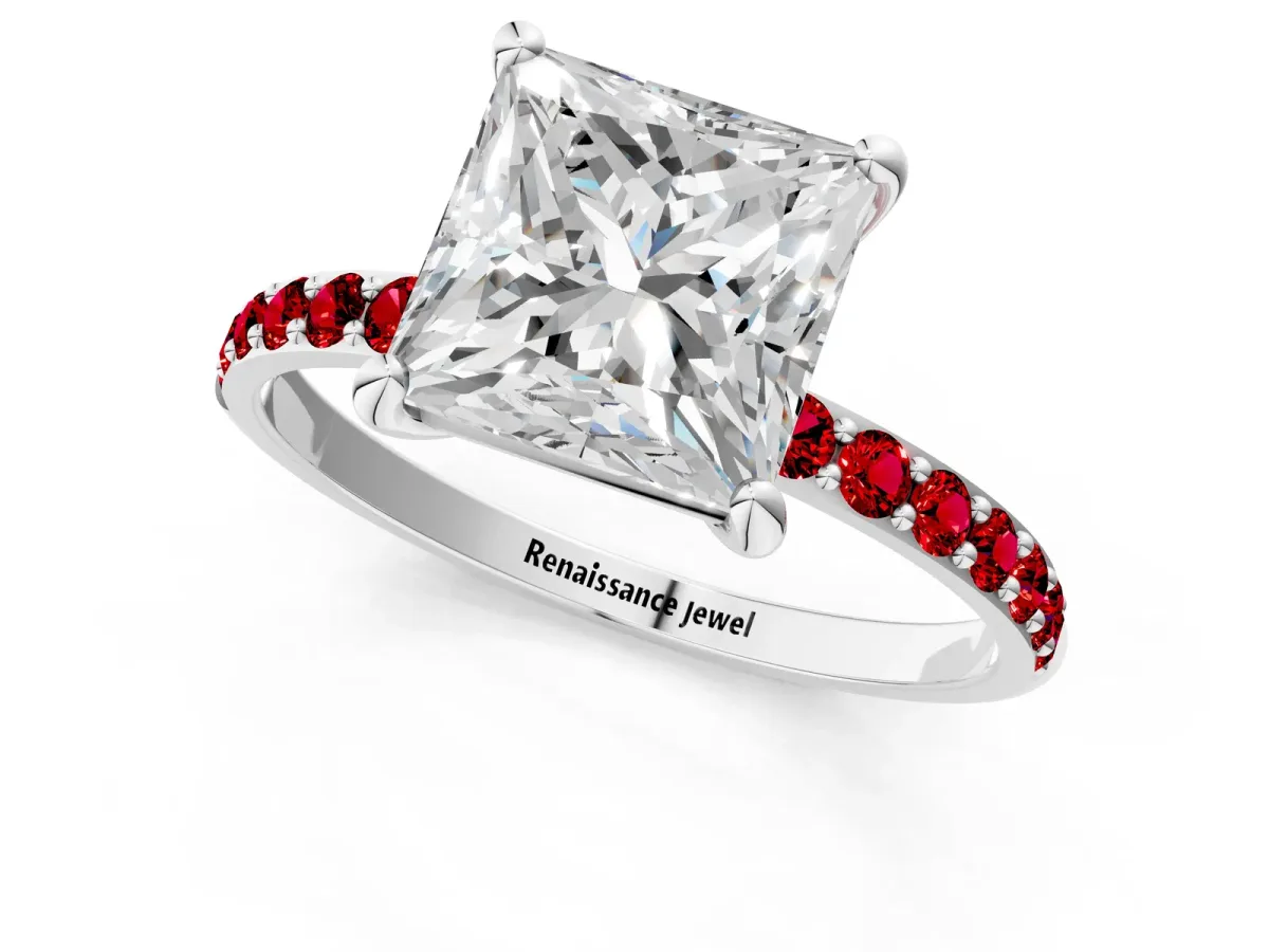 Princess Cut Diamond Solitaire Ring with Round Ruby Pavé Band and Prong Setting Platinum