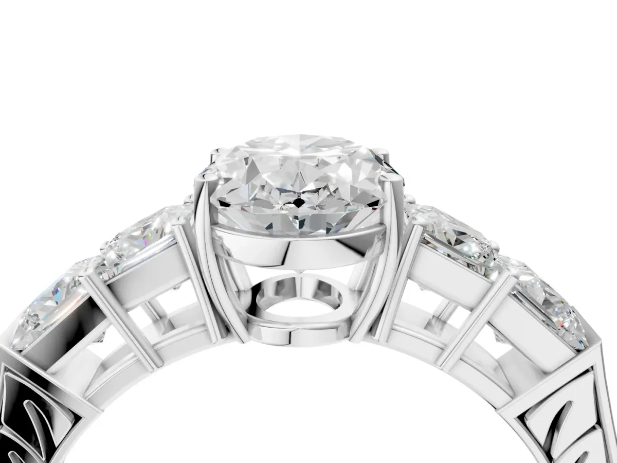 Oval Cut Solitaire Princess Side Stone Engraved Band Prong Setting Ring Platinum