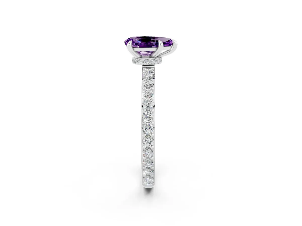 Pear Cut Amethyst Solitaire Engagement Ring with Pavé Band and Four-Prong Setting White gold