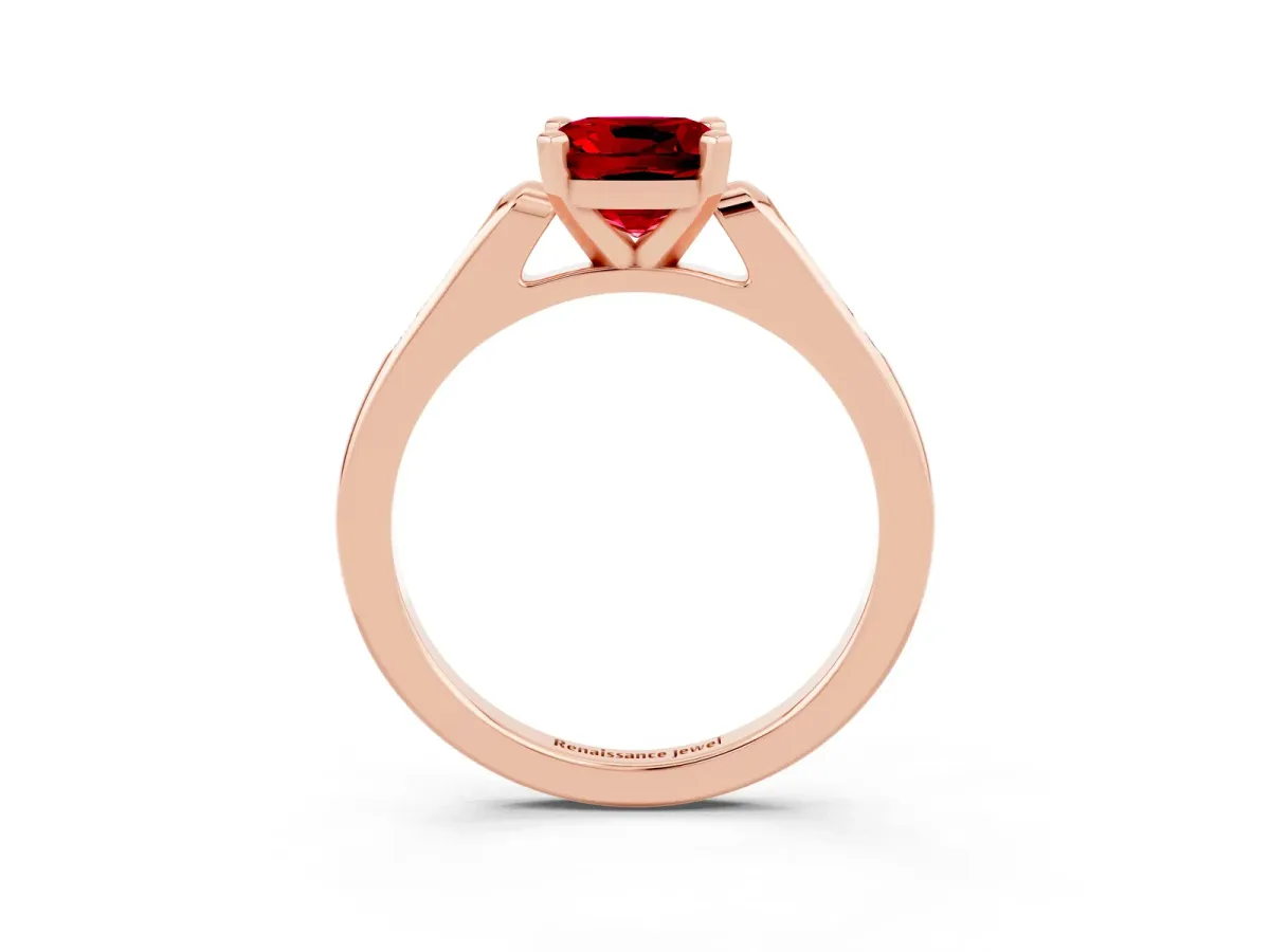 Cushion Cut Ruby Solitaire Ring with Channel Set Round Band and Prong Setting Rose gold