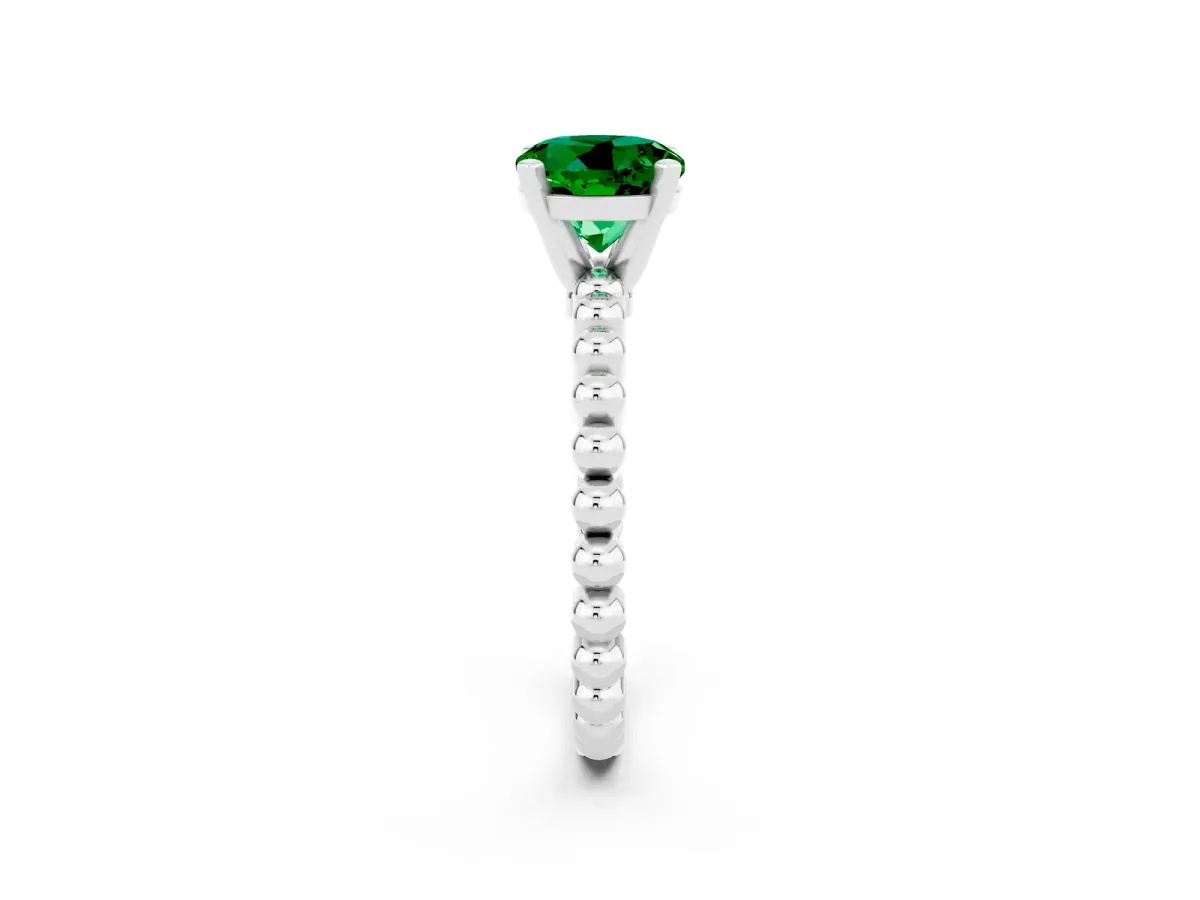 Round Cut Emerald Solitaire Ring with Beaded Band and Prong Setting Platinum
