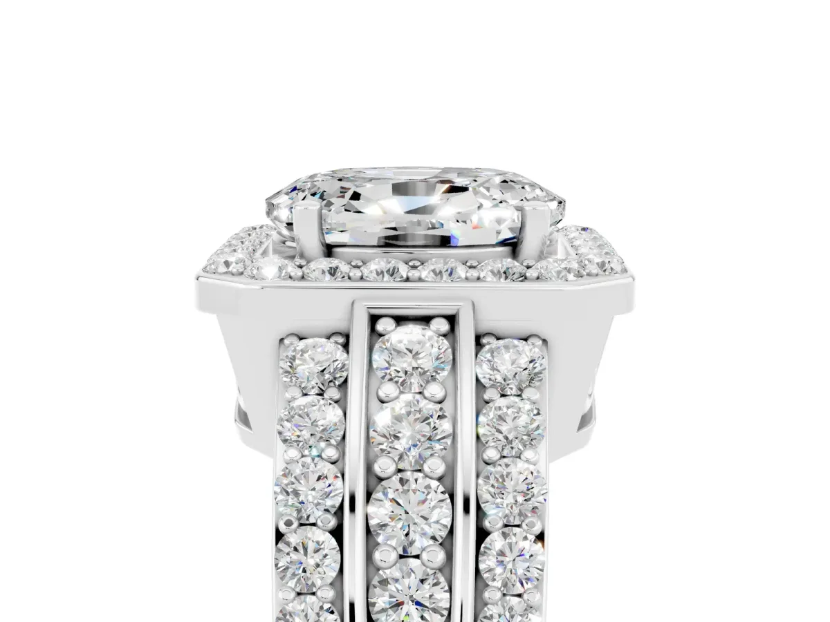 Oval Cut Halo Moissanite Ring with Round Split Shank and Prong Setting Silver