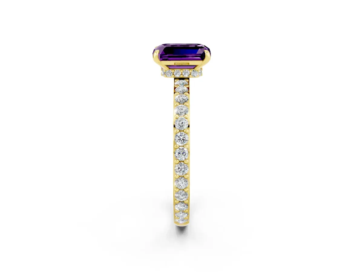 Emerald Cut Amethyst Solitaire Engagement Ring with Pavé Band and Four-Prong Setting Yellow gold