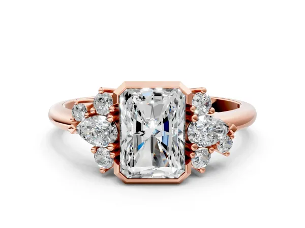 Radiant Diamond Engagement Ring with Pear and Round Side Stones Rose gold