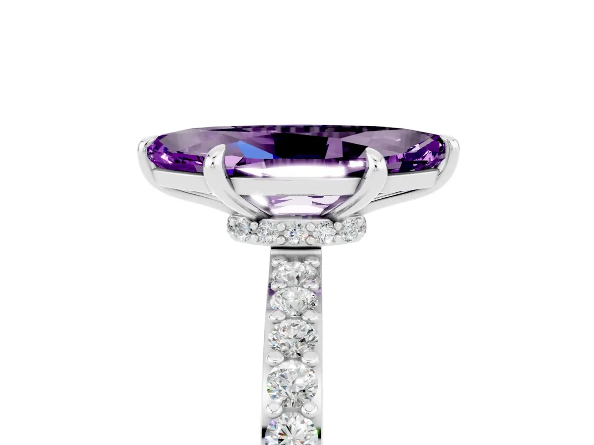 Marquise Cut Amethyst Solitaire Engagement Ring with Pavé Band and Four-Prong Setting White gold
