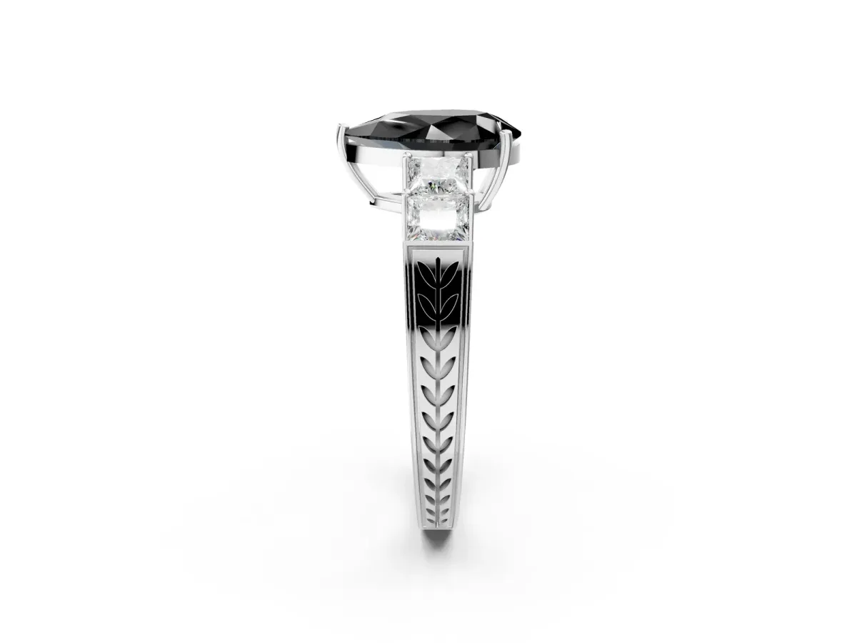 Fancy Black Pear Cut Solitaire Princess Side Stone Engraved Band Prong Setting Ring Silver