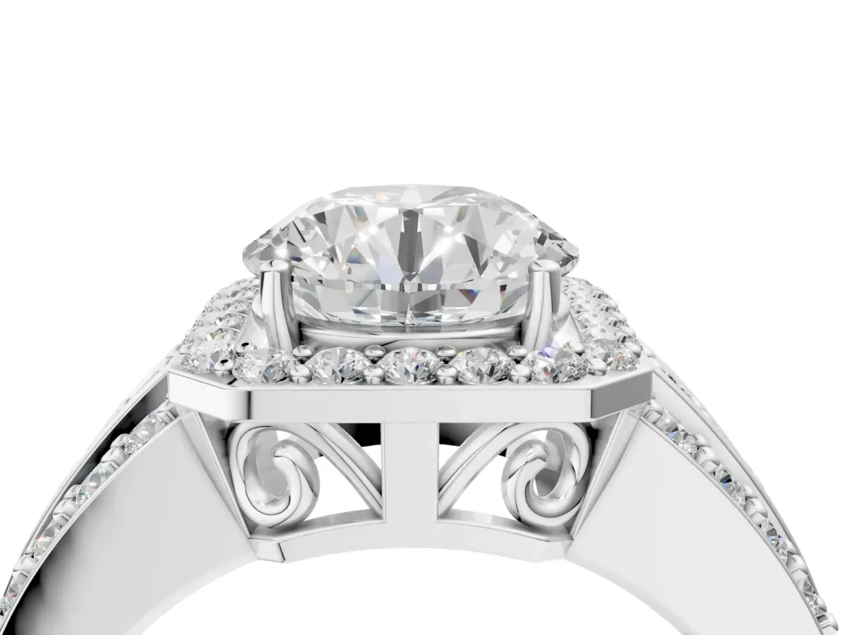 Round Cut Halo Diamond Ring with Round Split Shank and Prong Setting Platinum