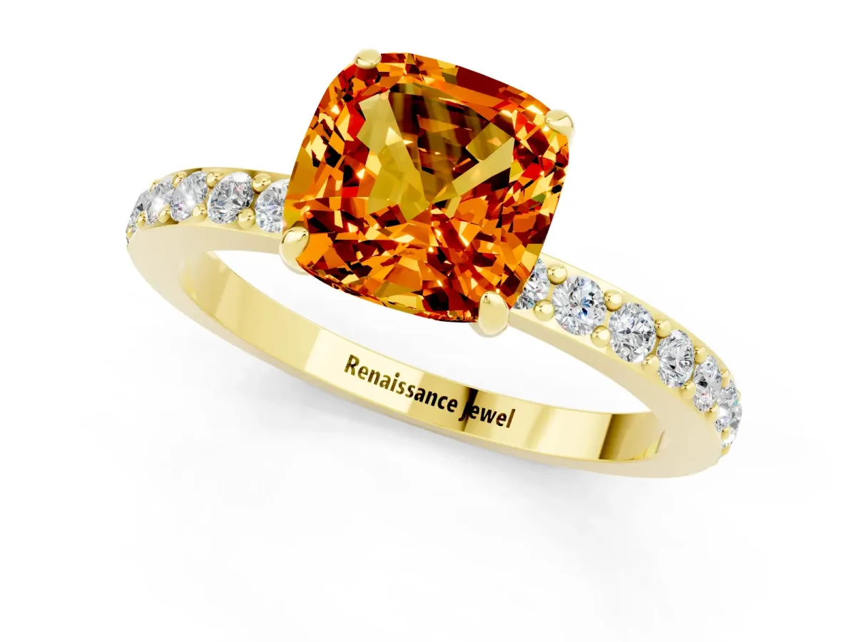 Cushion Cut Citrine Solitaire Engagement Ring with Pavé Band and Four-Prong Setting Yellow gold