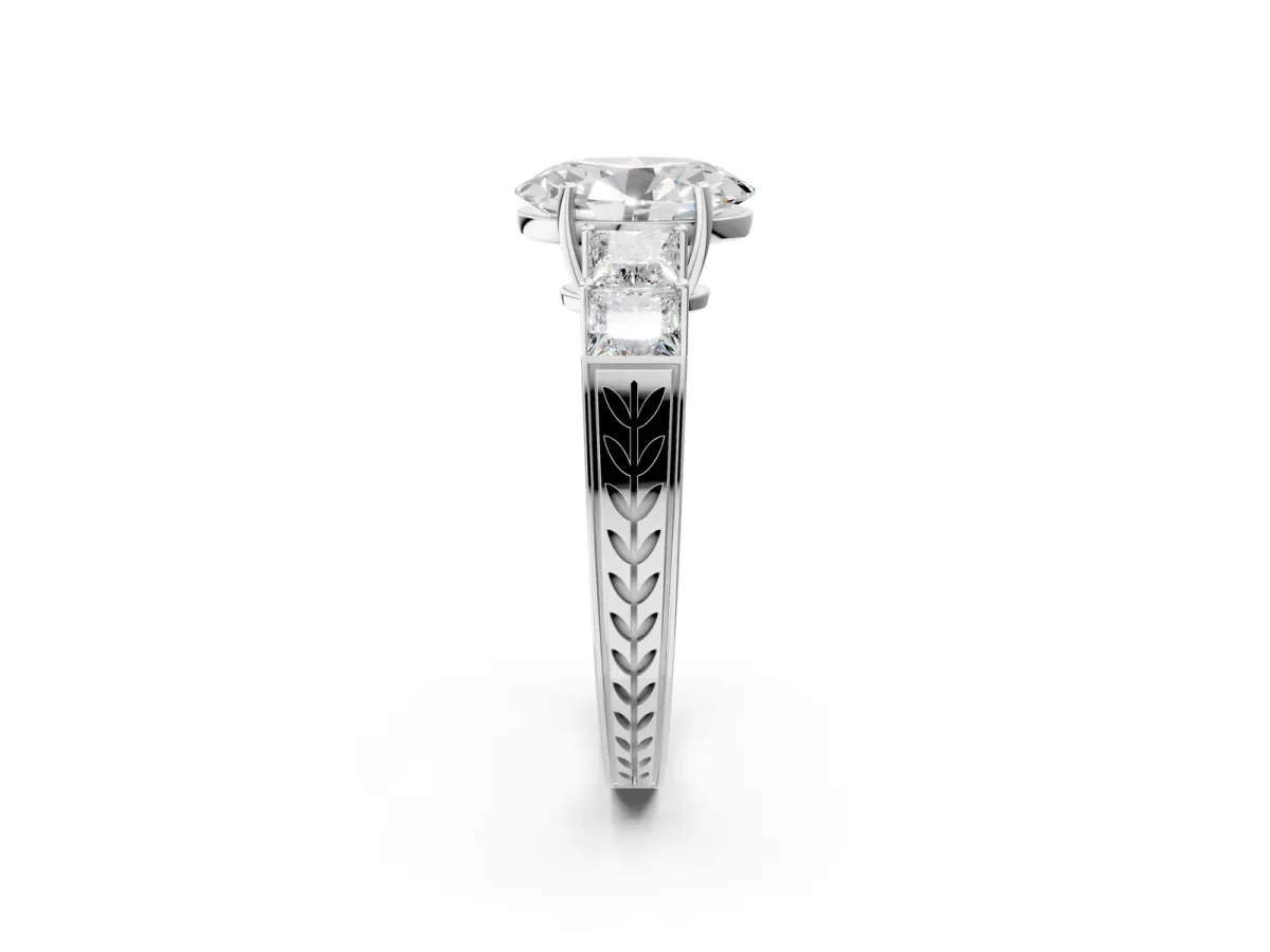 Oval Cut Solitaire Princess Side Stone Engraved Band Prong Setting Ring Platinum