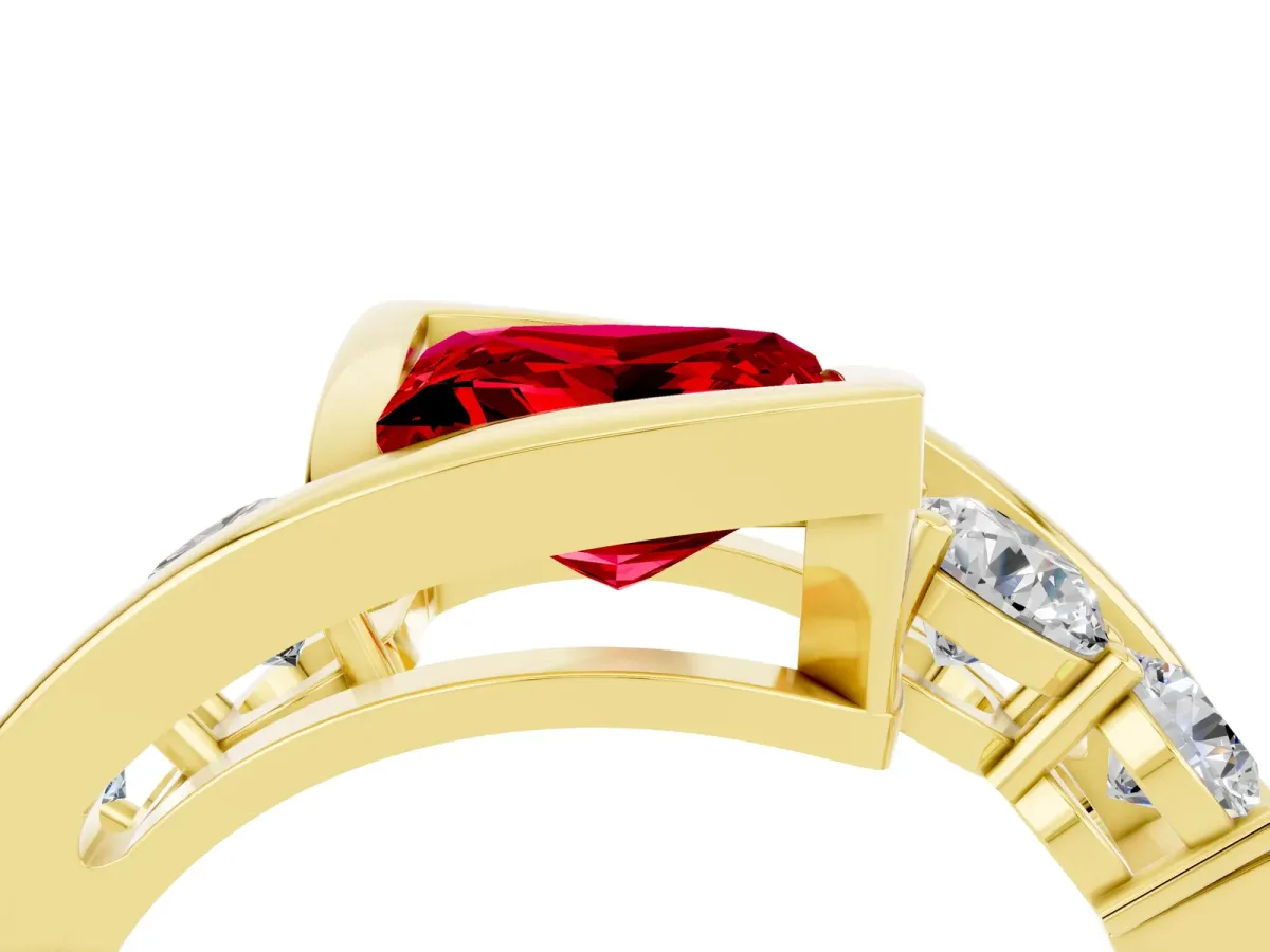Bezel Set Princess Cut Ruby Bypass Ring with Round Accents Yellow gold