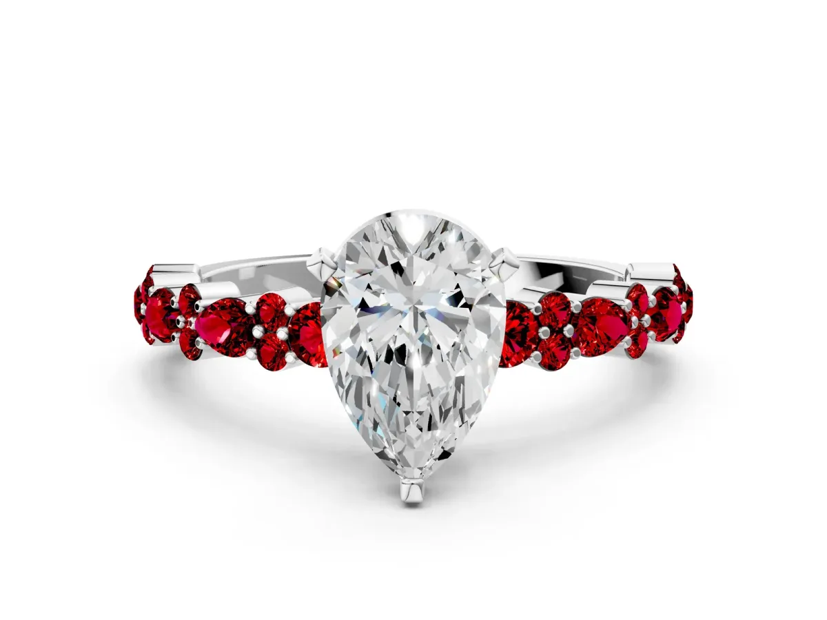 Pear Cut Diamond Side Stone Solitaire Ring with Round Ruby and Four-Prong Setting Silver