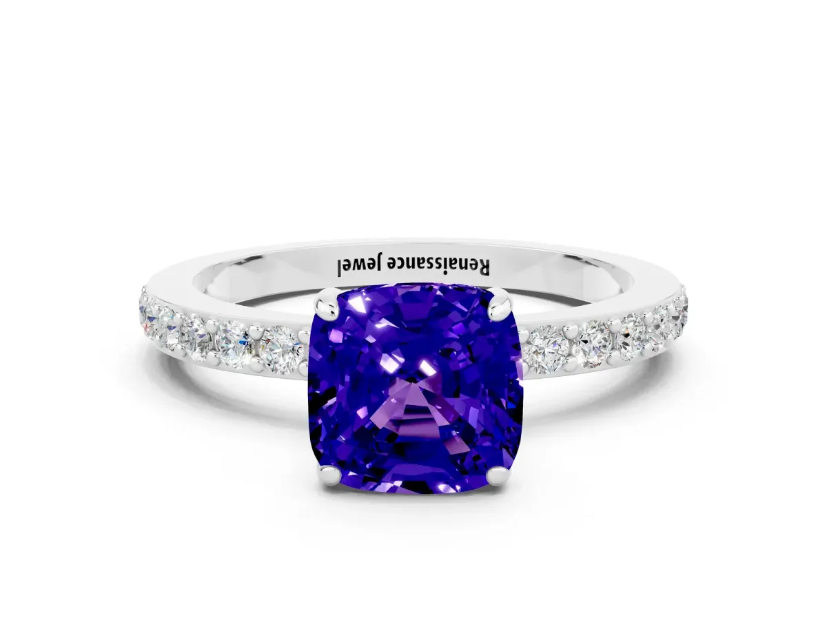 Cushion Cut Tanzanite Solitaire Engagement Ring with Pavé Band and Four-Prong Setting White gold