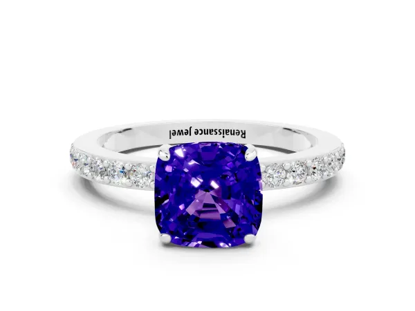 Cushion Cut Tanzanite Solitaire Engagement Ring with Pavé Band and Four-Prong Setting Platinum