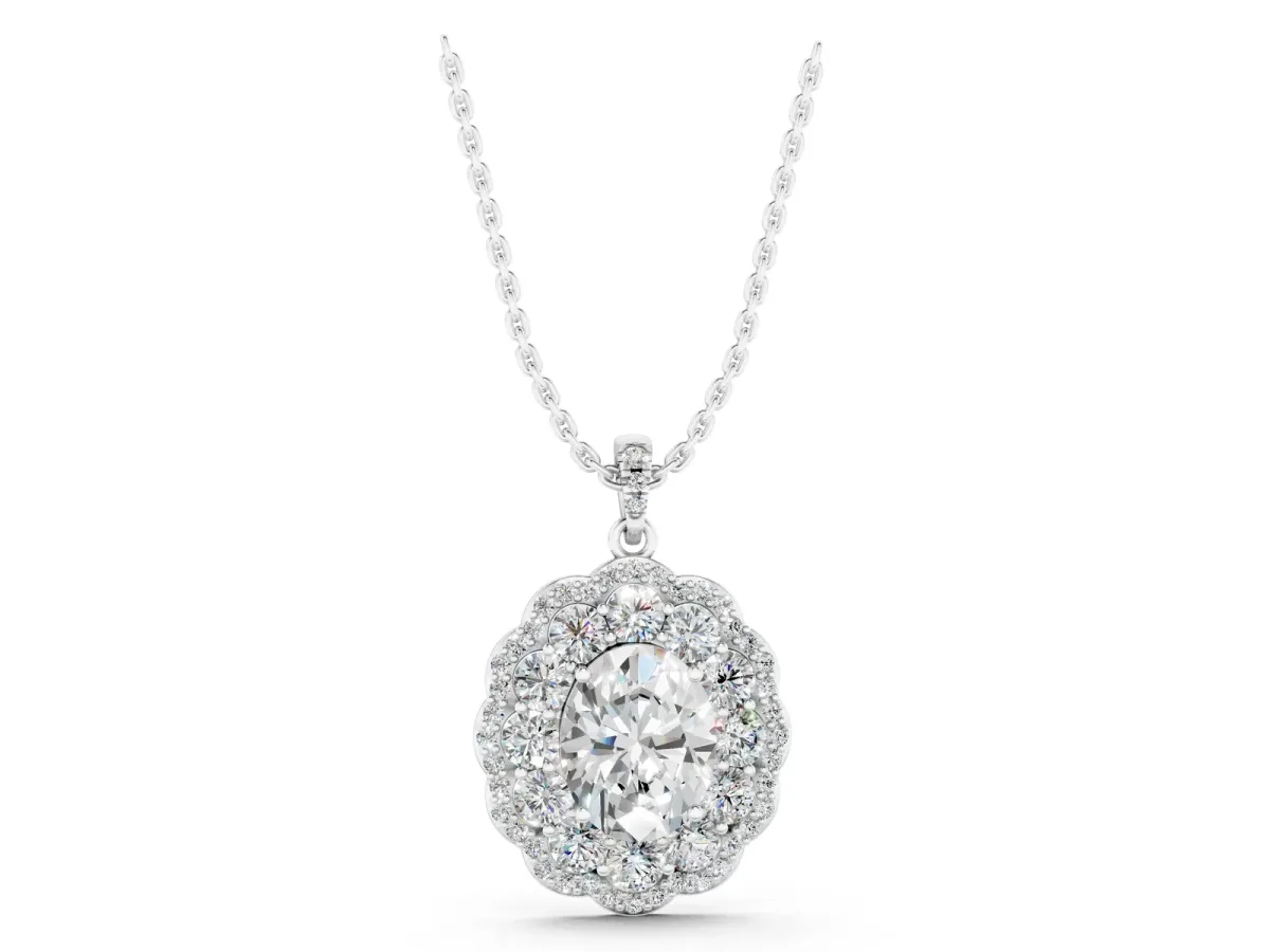 Oval Diamond Floral Halo Pendant with Diamond Accents Silver