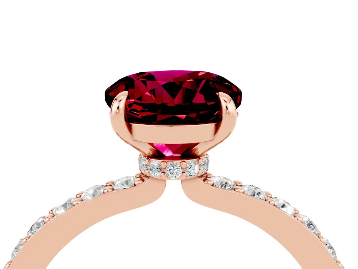 Round Cut Garnet Solitaire Engagement Ring with Pavé Band and Four-Prong Setting Rose gold