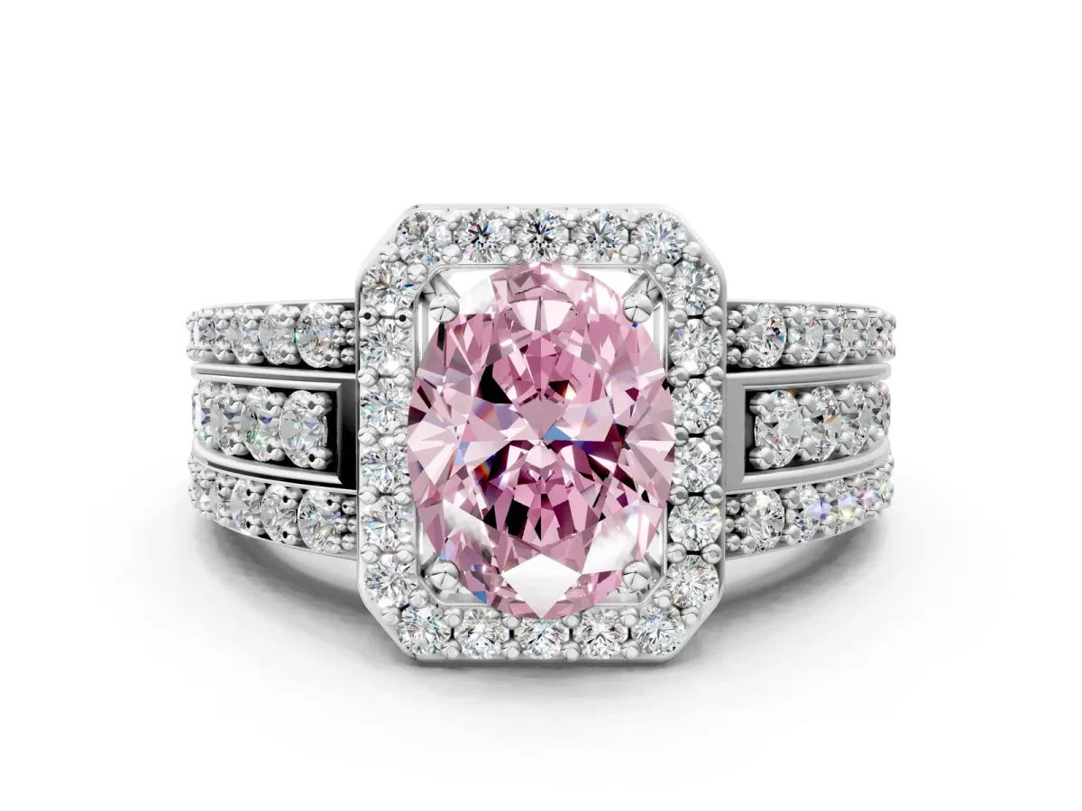 Fancy Pink Oval Cut Halo Diamond Ring with Round Split Shank and Prong Setting Silver