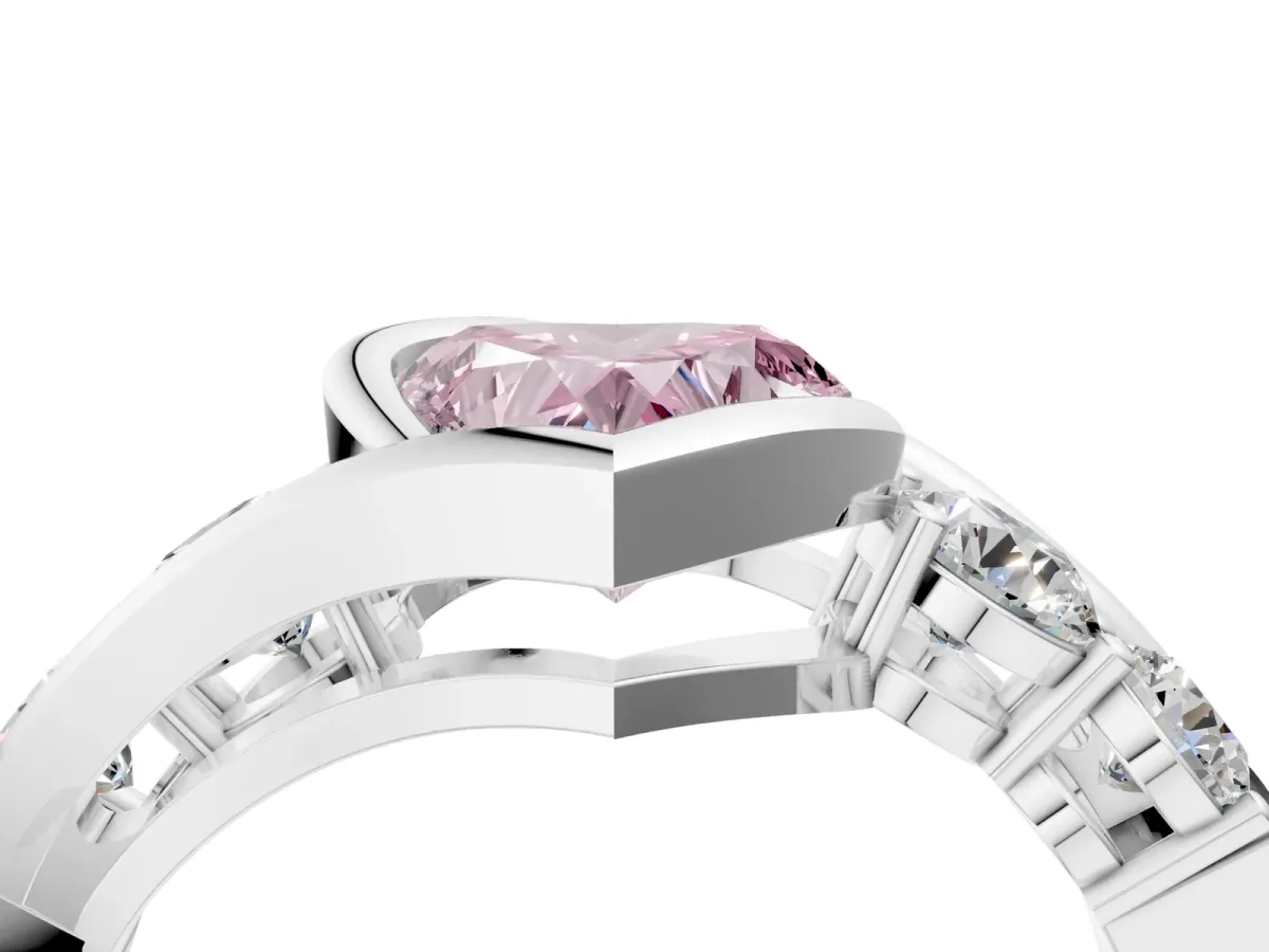 Fancy Pink Bezel Set Heart Cut Diamond Bypass Ring with Round Accents Platinum