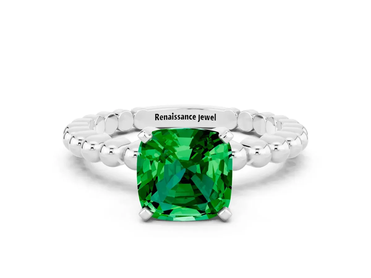 Cushion Cut Emerald Solitaire Ring with Beaded Band and Prong Setting Silver