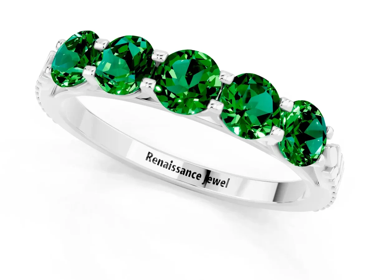 Five-Stone Round Emerald Prong-Set Band Silver