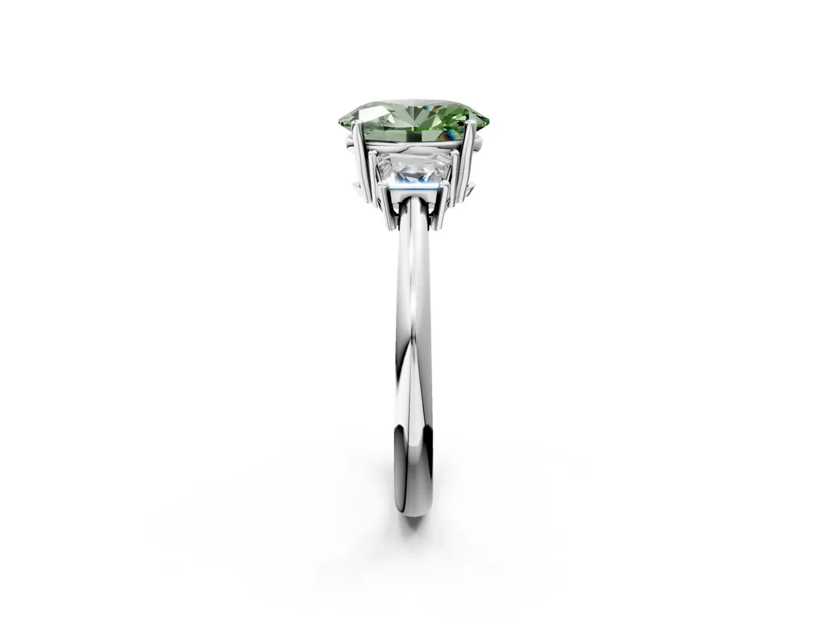 Fancy Green Oval Cut Diamond Three-Stone Ring with Trapezoid Side Stones and Prong Setting Silver