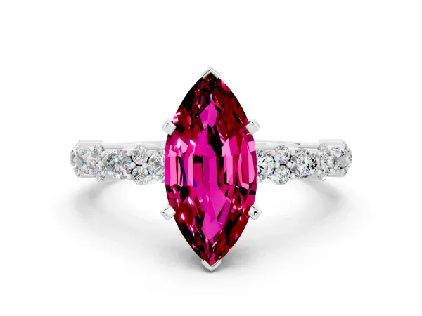 Marquise Cut Garnet Side Stone Solitaire Ring with Round and Four-Prong Setting White gold