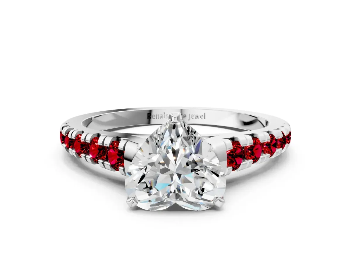 Heart Cut Diamond Cathedral Solitaire Ring with Round Ruby Pavé Band Silver
