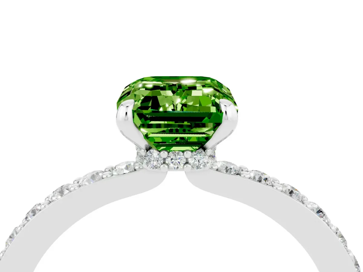 Emerald Cut Peridot Solitaire Engagement Ring with Pavé Band and Four-Prong Setting White gold