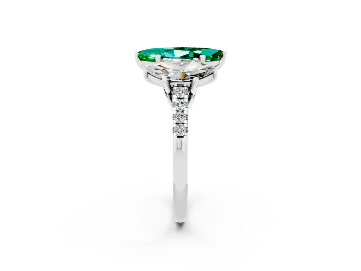 Three-Stone Marquise Cut Emerald Ring with Round Pavé Band and Prong Setting Platinum