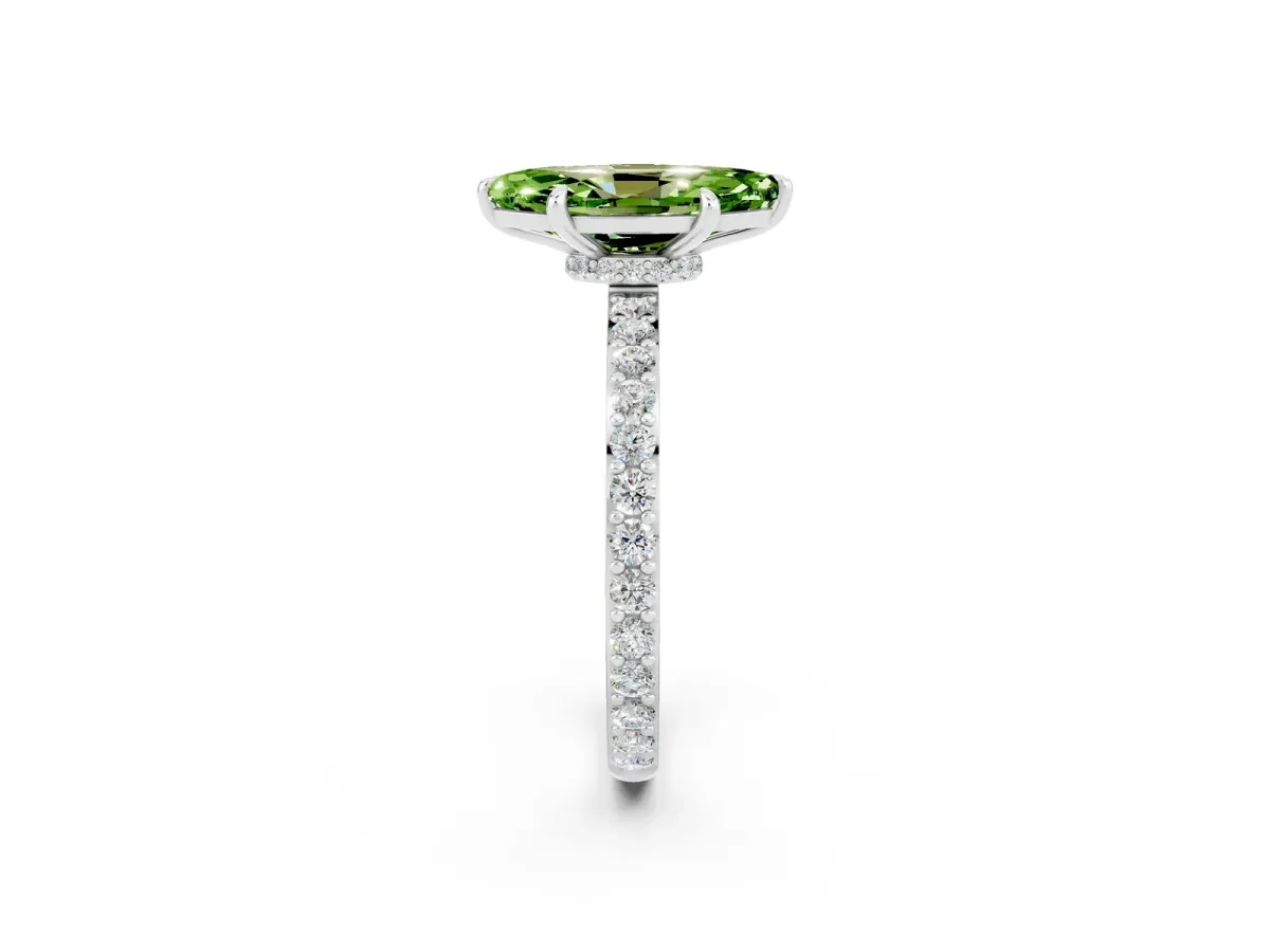 Marquise Cut Peridot Solitaire Engagement Ring with Pavé Band and Four-Prong Setting Silver