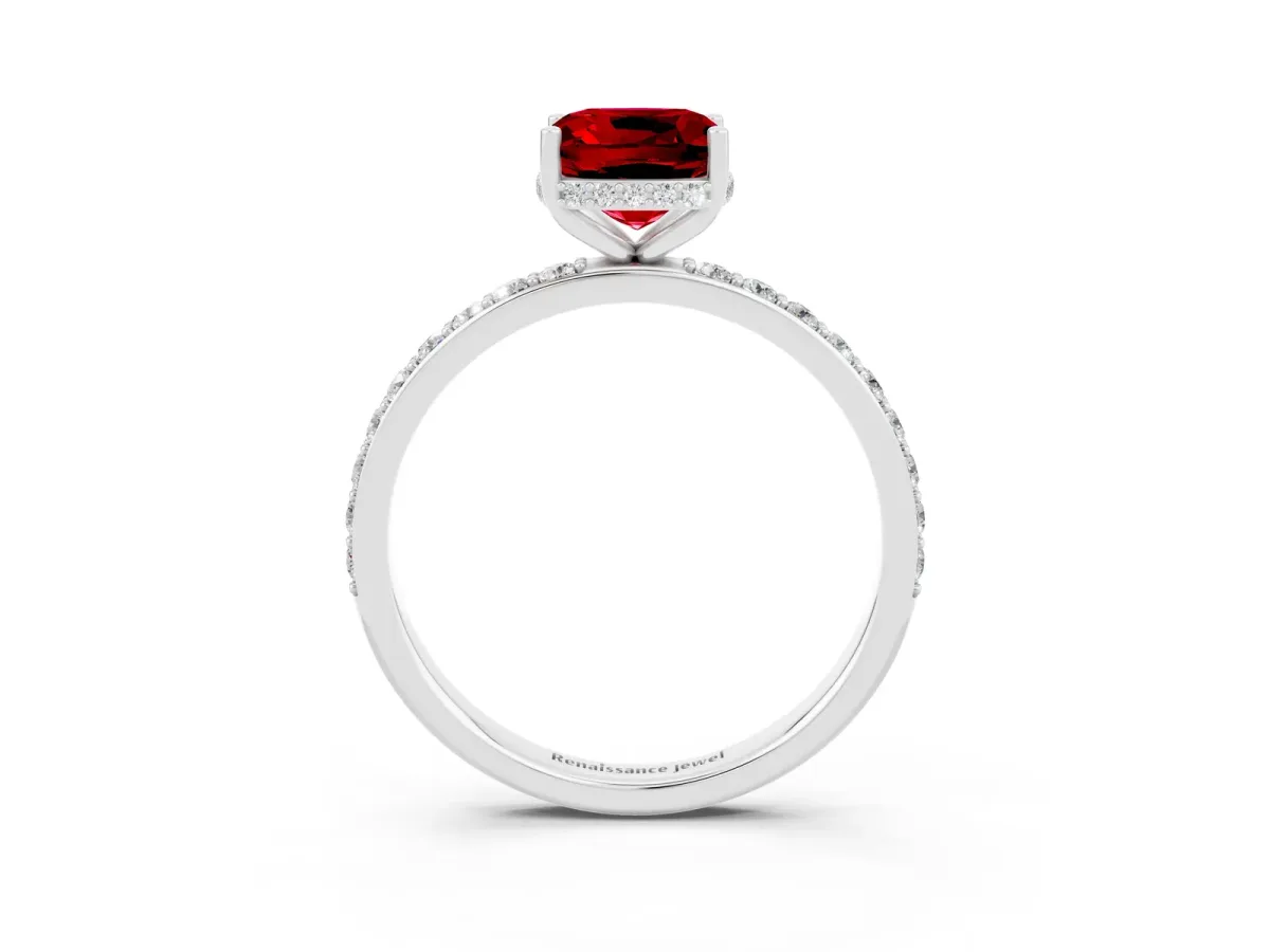 Cushion Cut Ruby Solitaire Ring with Pavé Band and Hidden Halo Silver