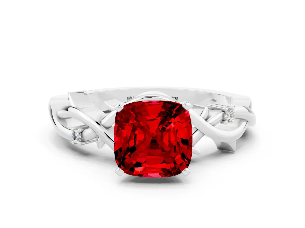 Cushion Cut Ruby Solitaire Ring with Twisted Band and Prong Setting Silver