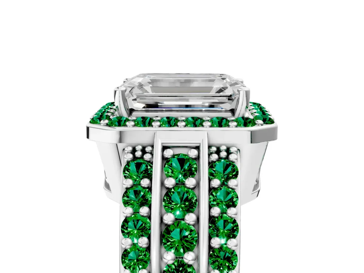 Emerald Cut Halo Diamond Ring with Round Emerald Split Shank and Prong Setting Platinum