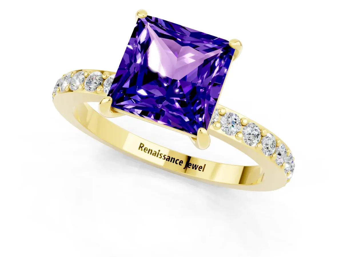 Princess Cut Tanzanite Solitaire Engagement Ring with Pavé Band and Four-Prong Setting Yellow gold