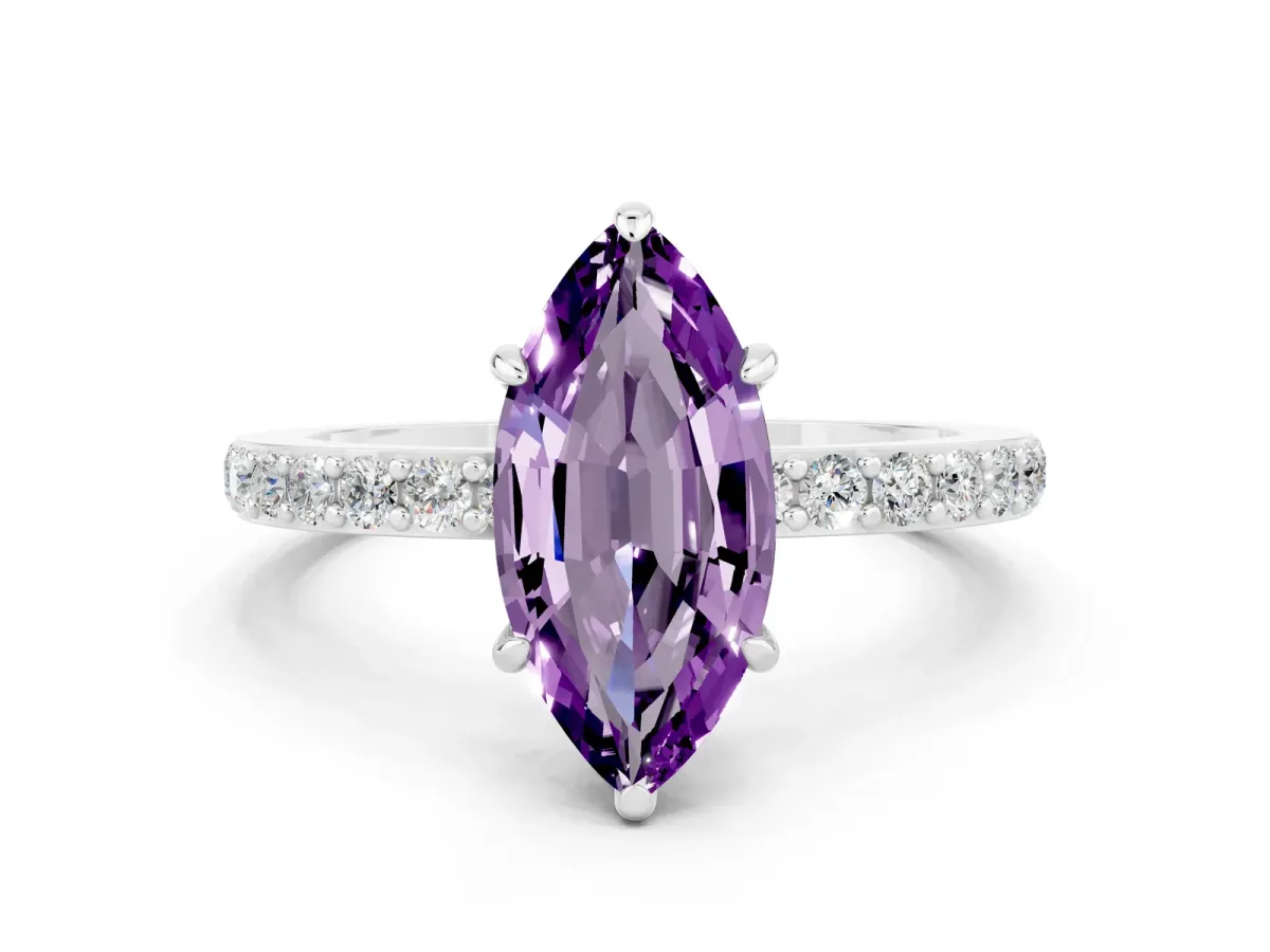 Marquise Cut Amethyst Solitaire Engagement Ring with Pavé Band and Four-Prong Setting White gold